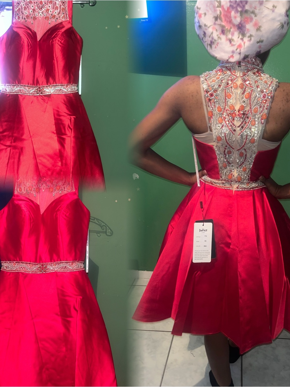 Red Beaded High-Neck Party Dress